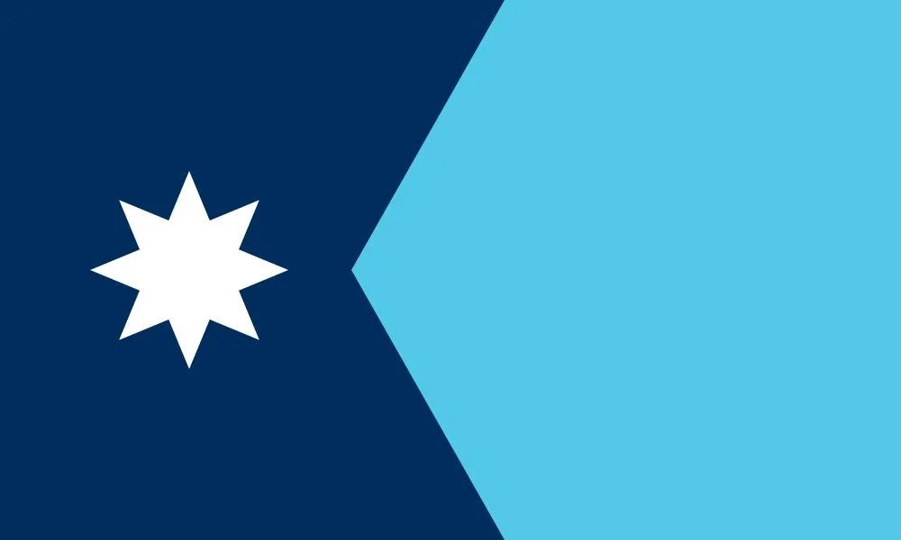 Stylized graphic featuring a white star on a dark blue background and a large light blue arrow pointing right.