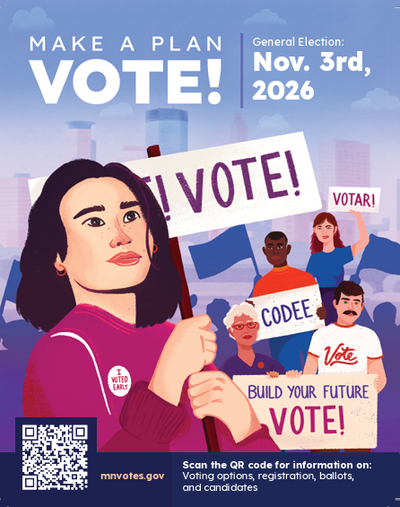 A colorful illustrated poster encouraging voting for the November 3rd, 2026 general election. It features a woman holding a sign that reads 'VOTE!' and other diverse people holding signs with messages like 'VOTER!', 'CODEE', and 'BUILD YOUR FUTURE VOTE!'. The background shows a city skyline with a voting QR code at the bottom.