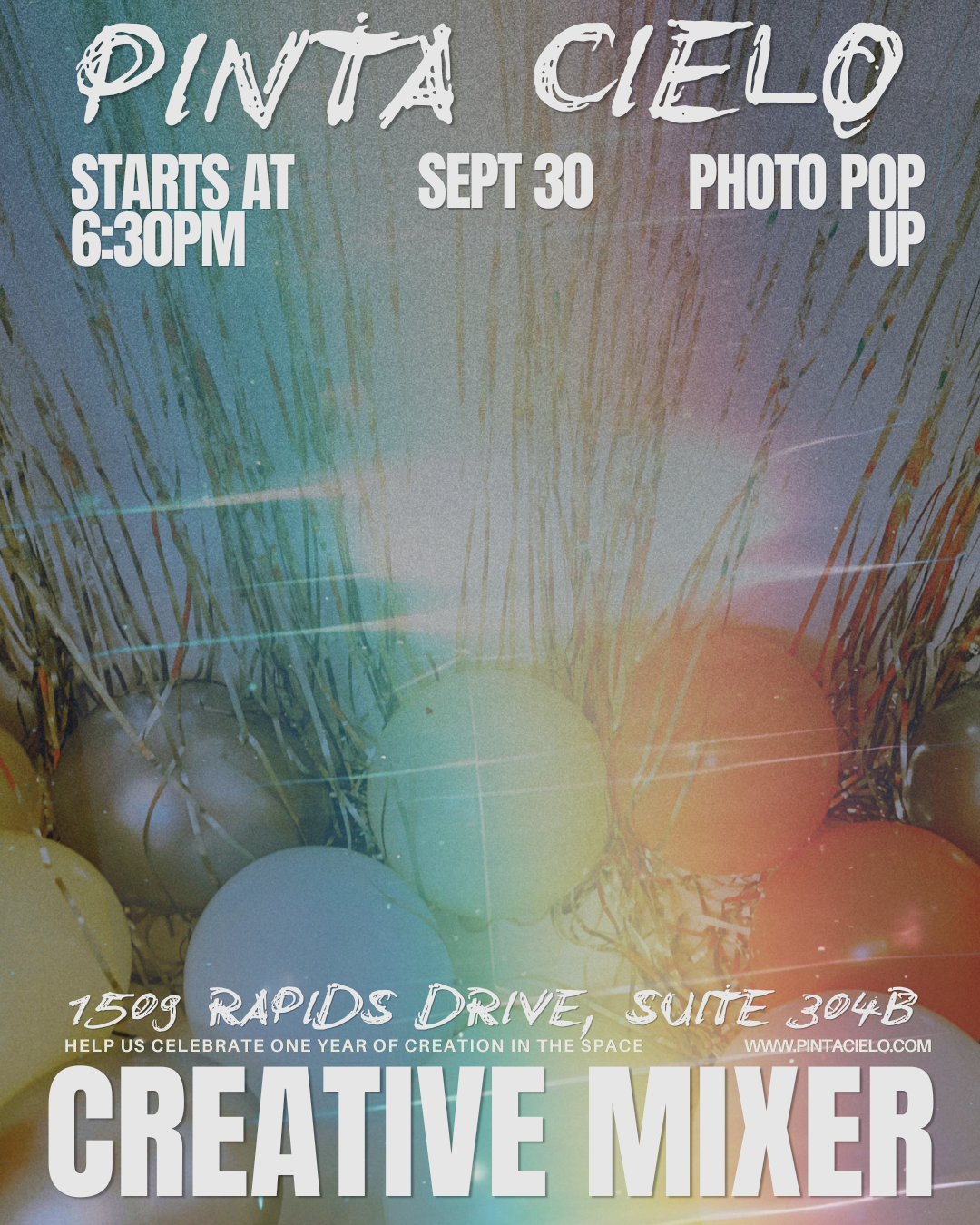 Invitation poster for a creative mixer event at Pintxacielo, starting at 6:30 PM on September 30th with photo pop-up, featuring balloons and colorful lighting decorations.