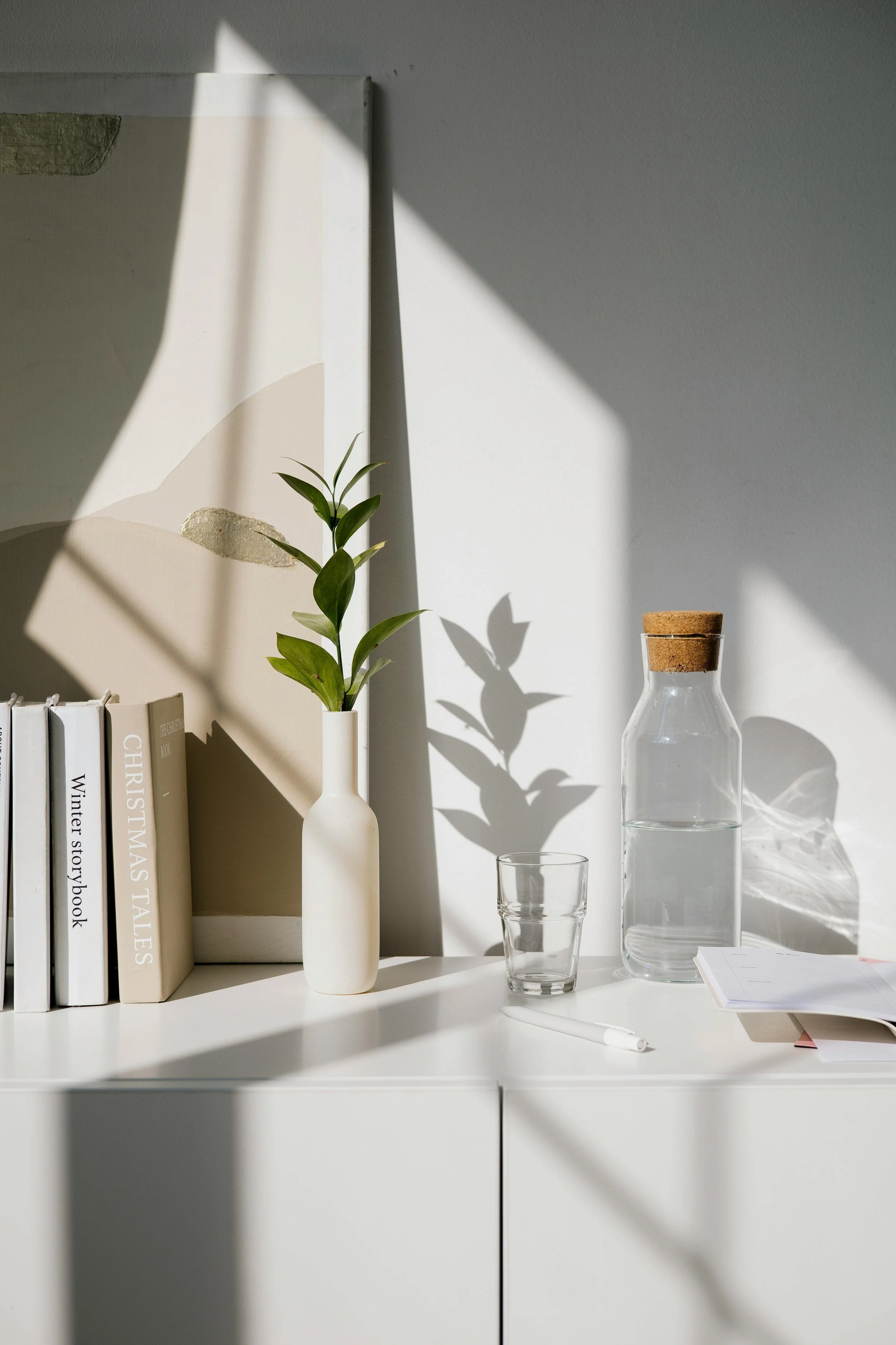 A minimalist white workspace with a small green plant in a white vase, a row of books, a glass water bottle with a cork cap, a glass, and some paper and a pen, illuminated by natural light casting shadows on the wall.