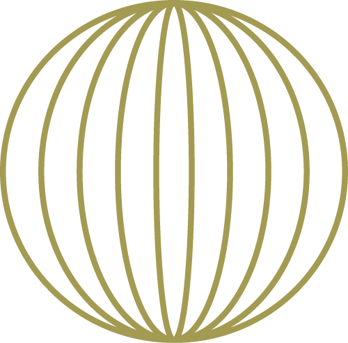 A gold wireframe sphere with vertical and horizontal lines on a black background.
