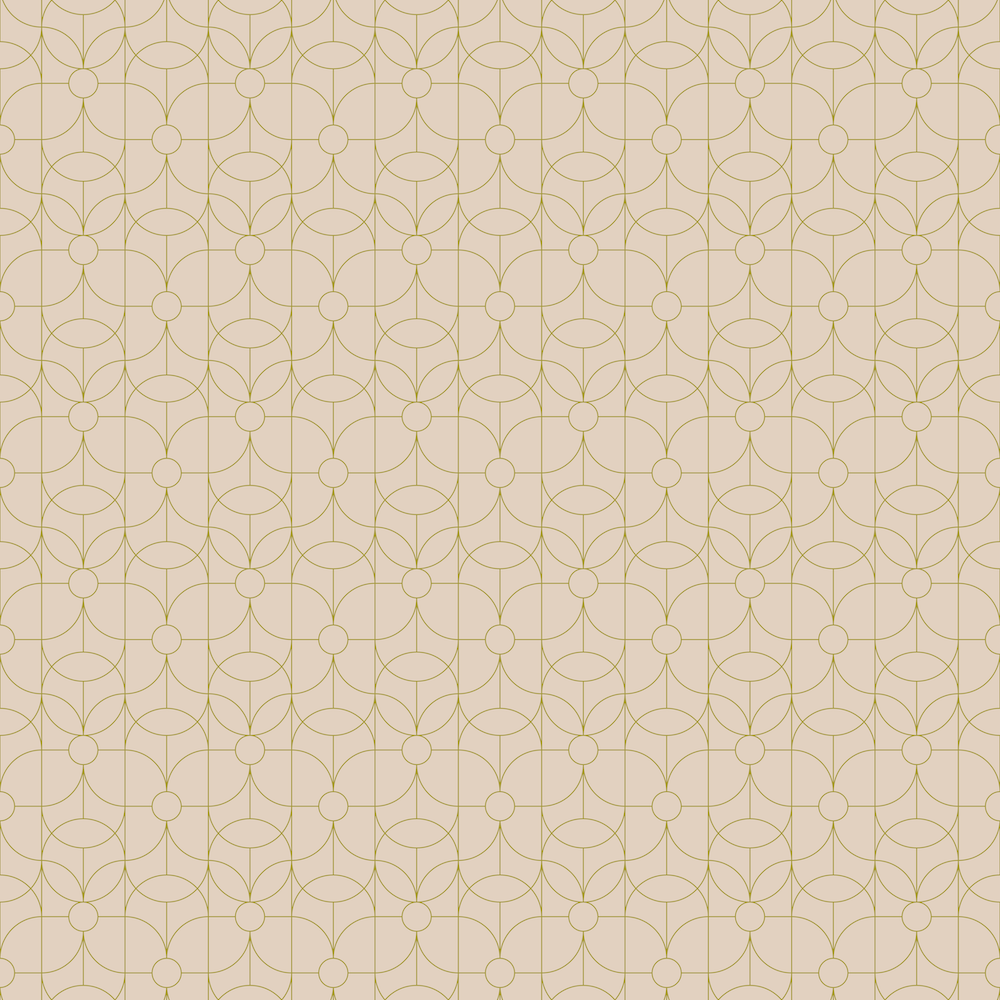 A pattern with interconnected circles and curved lines forming a geometric design in beige and gold colors.