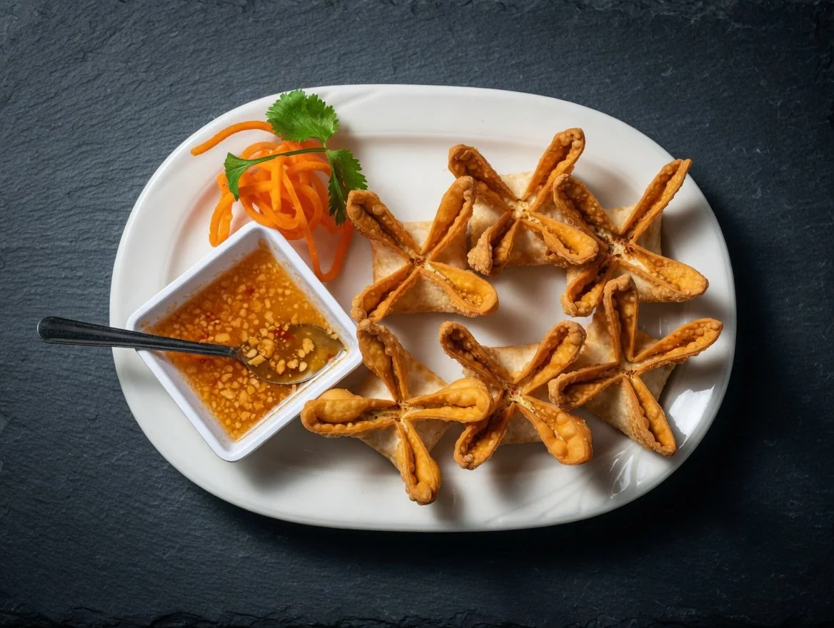 Hand-folded, house-made crab rangoon appetizer at Thai Pot Cafe Denver - golden brown deep fried wontons served with homemade Thai sweet and sour dipping sauce and crushed peanuts