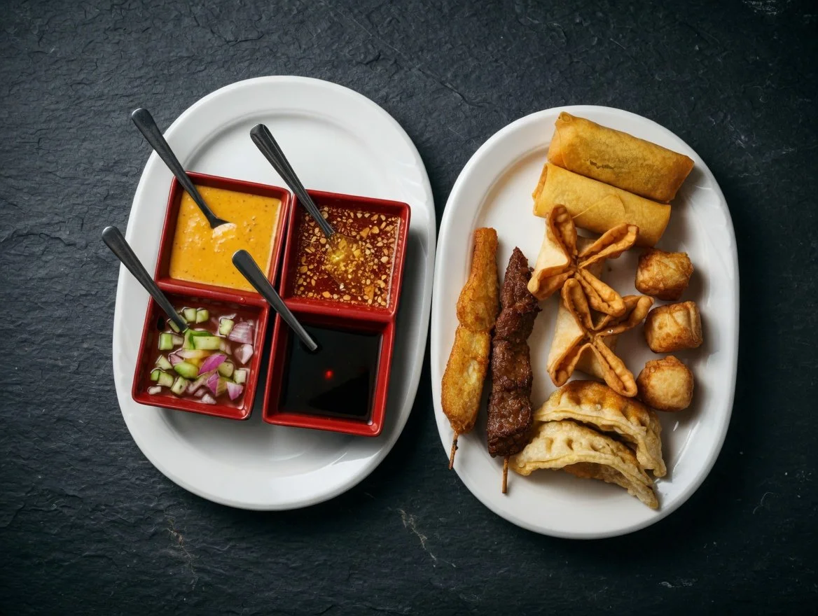 Sampler platter appetizer at Thai Pot Cafe Denver - 2 crispy egg rolls, 2 pot stickers gyoza, 3 kha nom jeeb, 2 handmade crab rangoon, chicken satay & beef satay with assortment of dipping sauces.