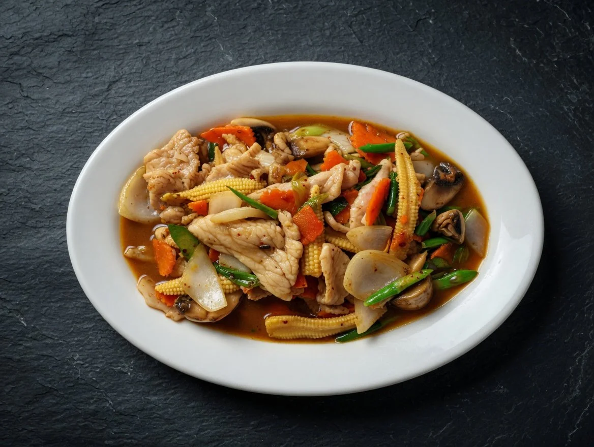 Thai Pot Special stir fry at Thai Pot Cafe Denver - asparagus, mushrooms, carrots, baby corn, green onion, yellow onion, ginger curry paste and topped with ground black pepper. Gluten-free, vegan & vegetarian options. Served with jasmine rice.