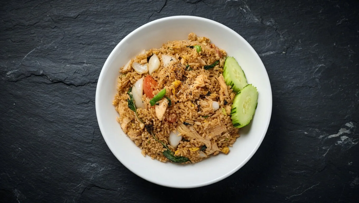 A white bowl filled with fried rice, garnished with slices of cucumber on a black slate surface.