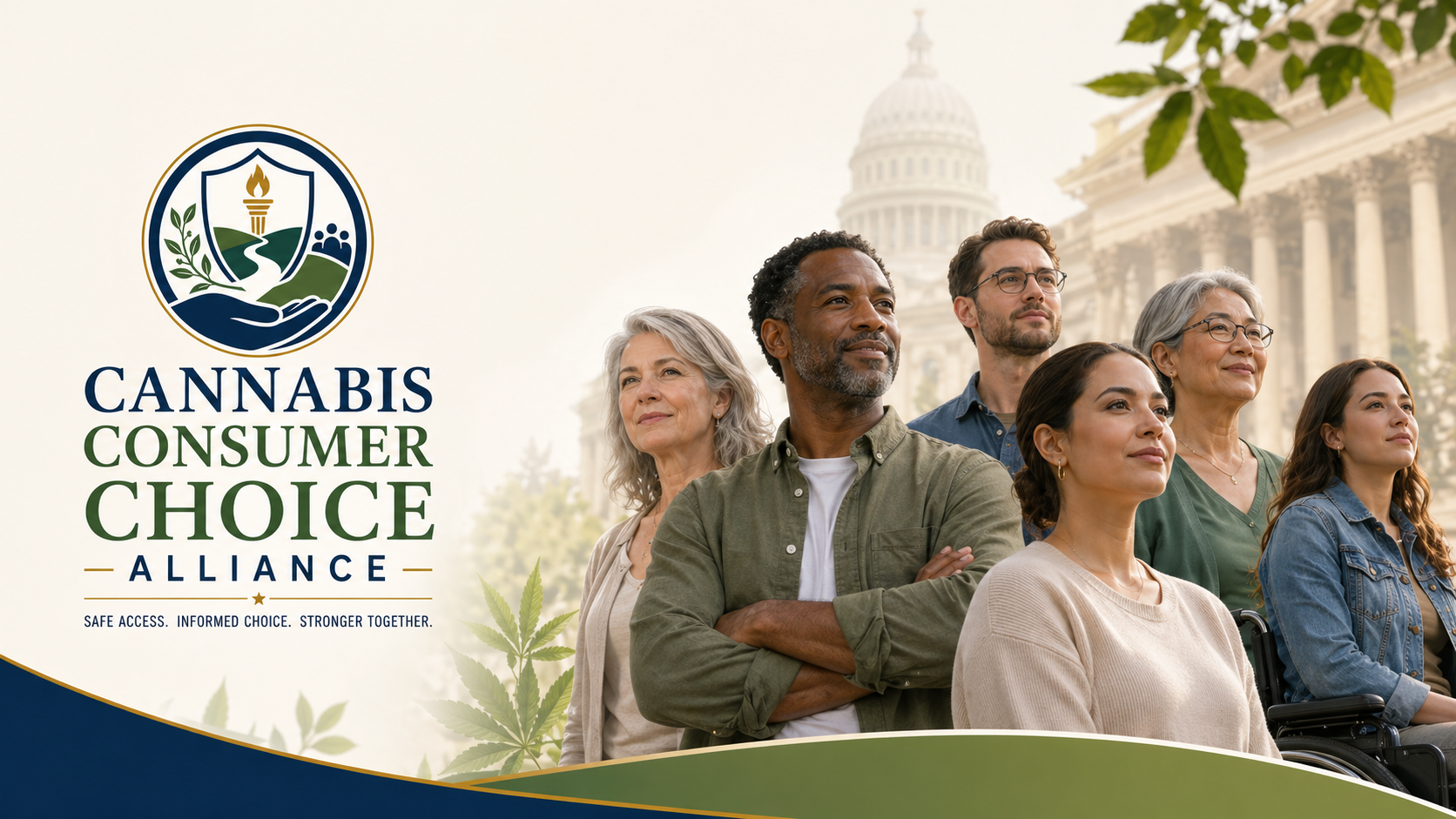 Group of diverse individuals standing in front of the U.S. Capitol building with an illustration of a cannabis leaf and government seal on the left, promoting cannabis consumer choice and advocacy.