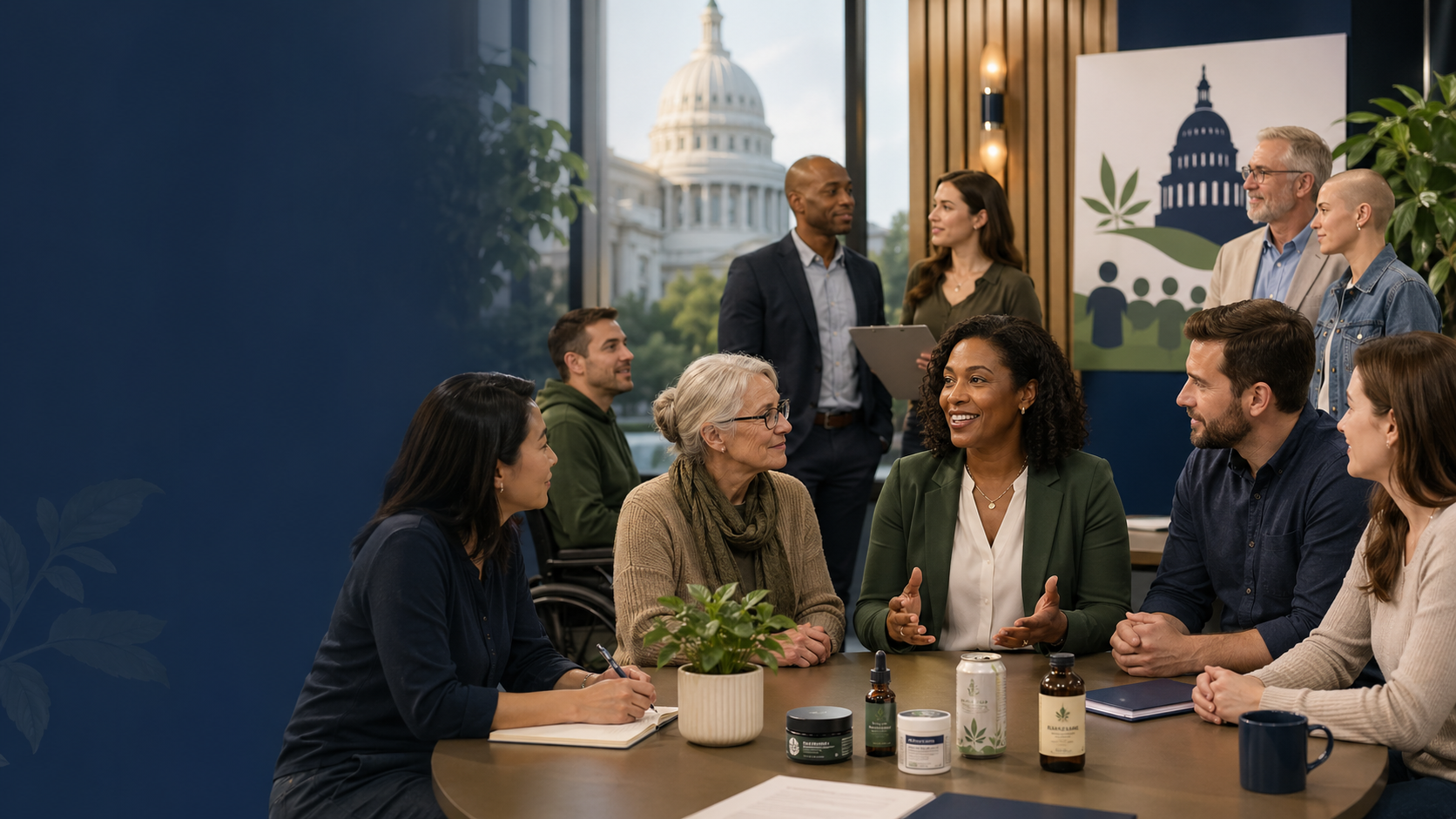 Group of diverse people in a business meeting room, engaging in discussion, with a window showing the U.S. Capitol in the background.