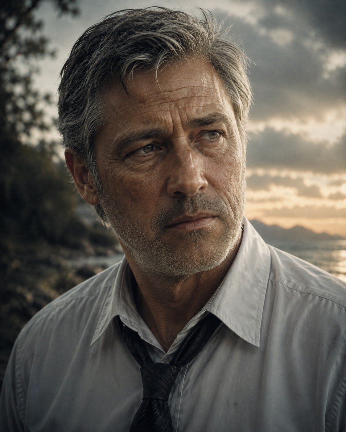 Portrait of Christian Shephard in a rumpled white shirt and loosened tie, standing by the ocean at dusk with a weary, reflective expression.