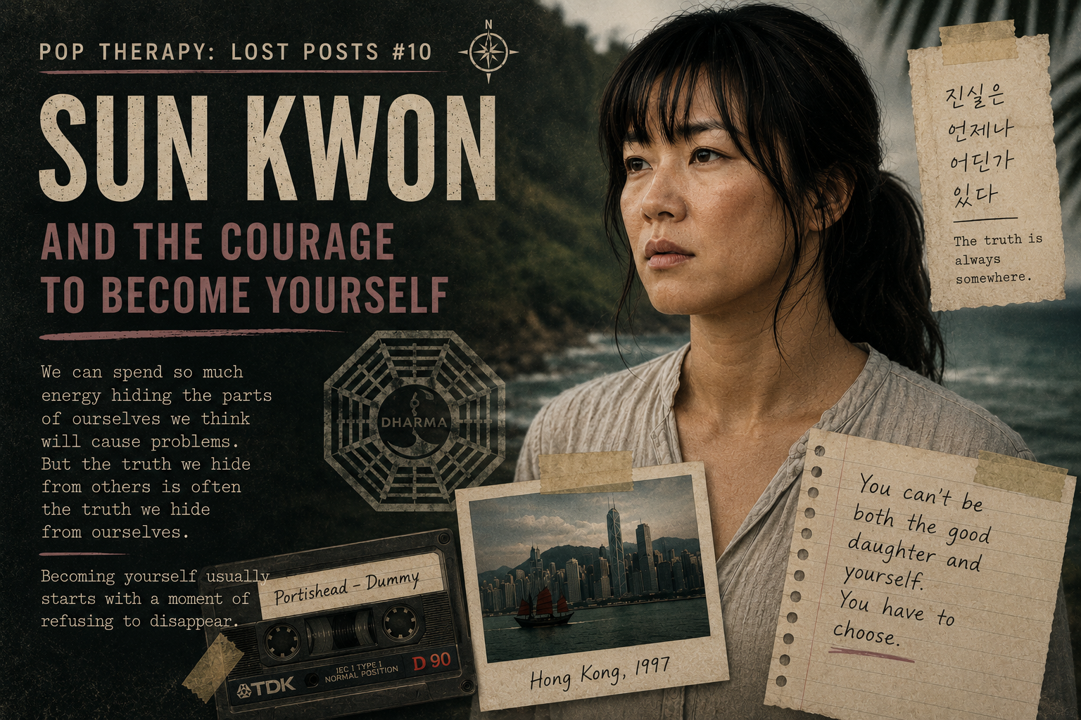 Portrait-style Pop Therapy graphic of Sun Kwon from Lost, with muted island-inspired colors and text reading “Sun Kwon and the Hidden Life We Carry.”