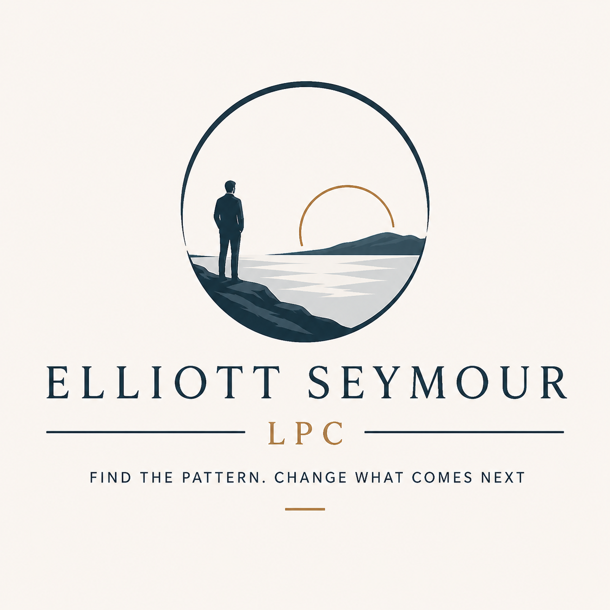 Logo featuring a man in a suit standing on a rock, overlooking a body of water with mountains and a setting or rising sun, with the text "Elliott Seymour LPC" and the tagline "Find the pattern. Change what comes next."