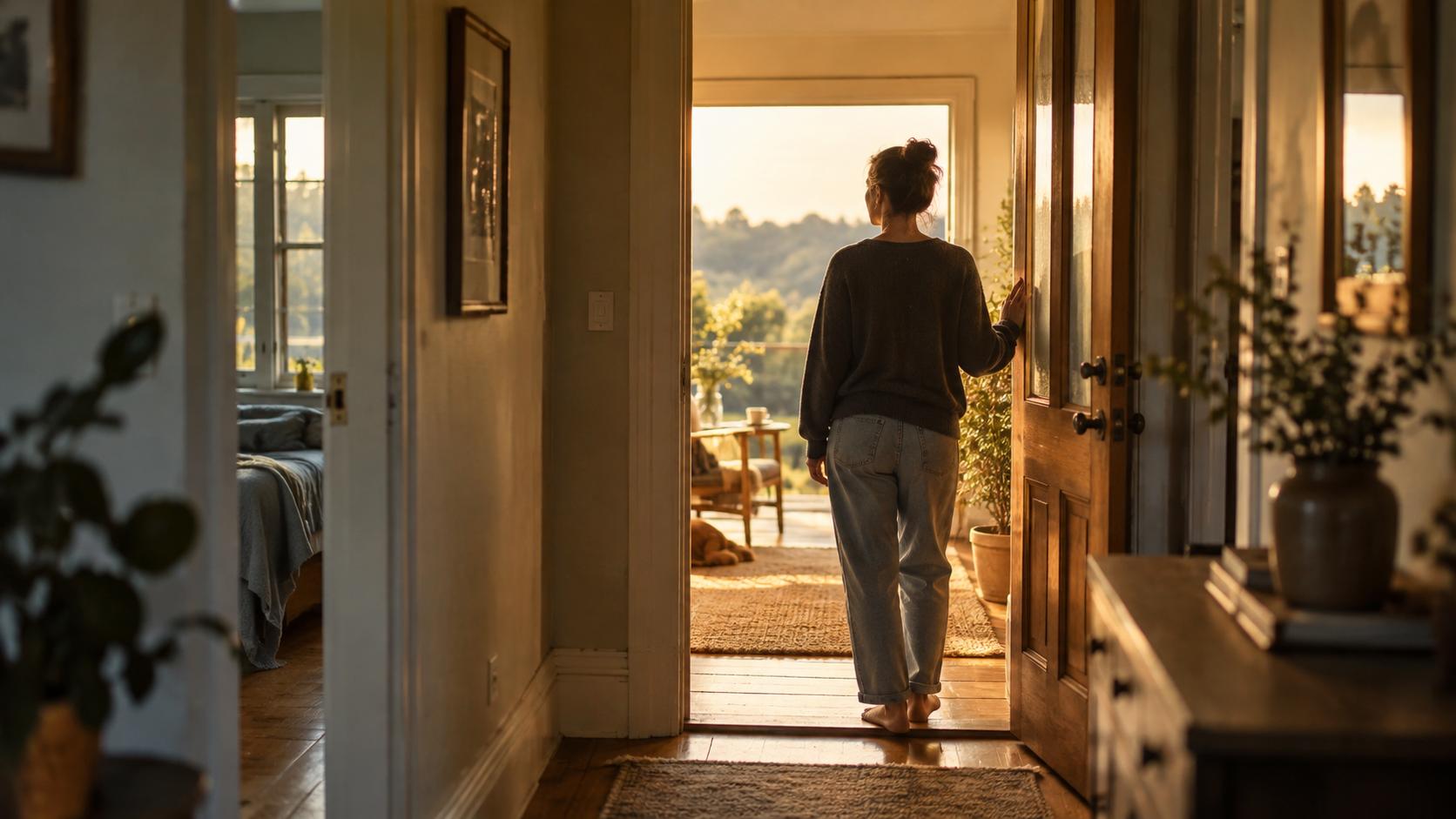 A person stands barefoot at an open doorway as warm evening light fills a quiet home.