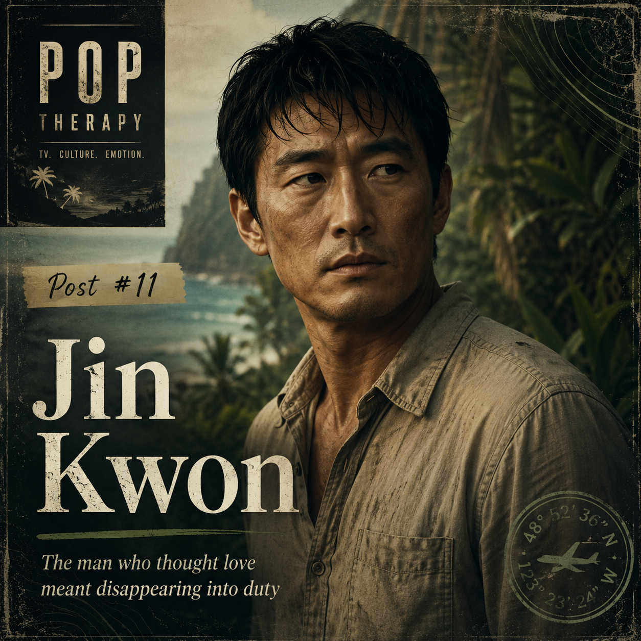 A cinematic portrait of Jin Kwon set against a tropical island backdrop with vintage-style Pop Therapy graphics exploring identity, control, emotional growth, and healthy masculinity.