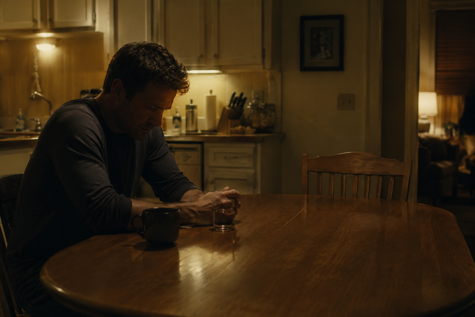 A man sits alone at a kitchen table at night, looking down in quiet reflection after a difficult emotional moment.