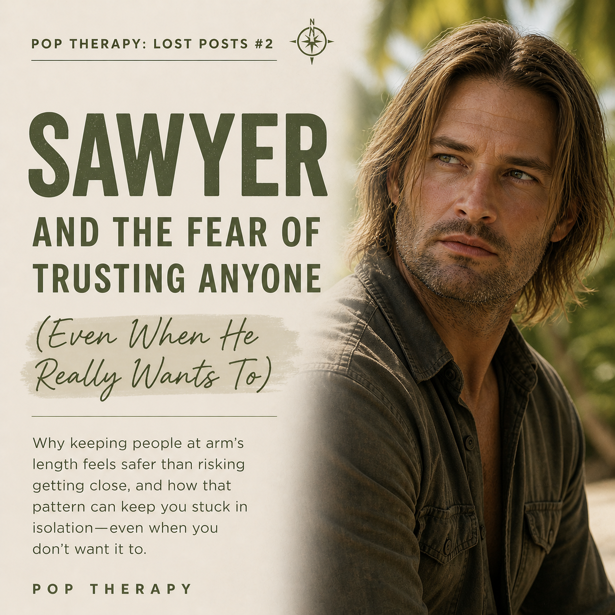 A man stands slightly turned away, arms loose but posture guarded, with a faint smirk that feels more like protection than confidence. Inspired by Sawyer from Lost.