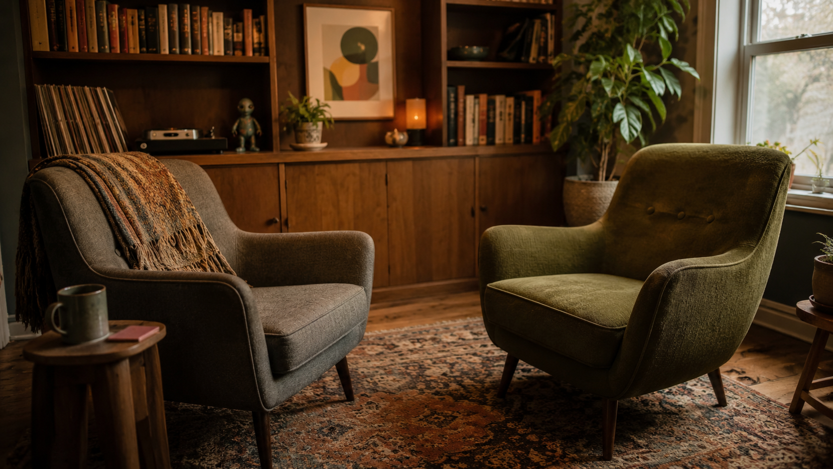 Two chairs angled toward each other in a warmly lit therapy office, representing conversation, attunement, and connection in therapy.