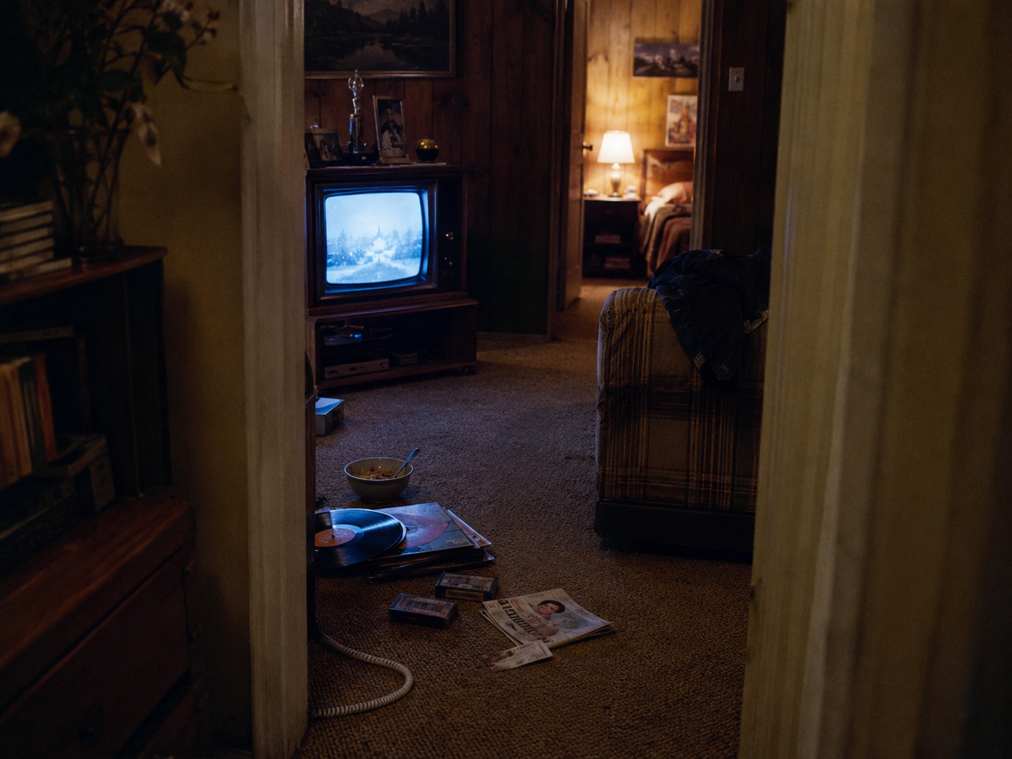 A nostalgic Gen X living room illuminated by an old television, surrounded by records, cassette tapes, a cereal bowl, and other reminders of pre-internet popular culture.