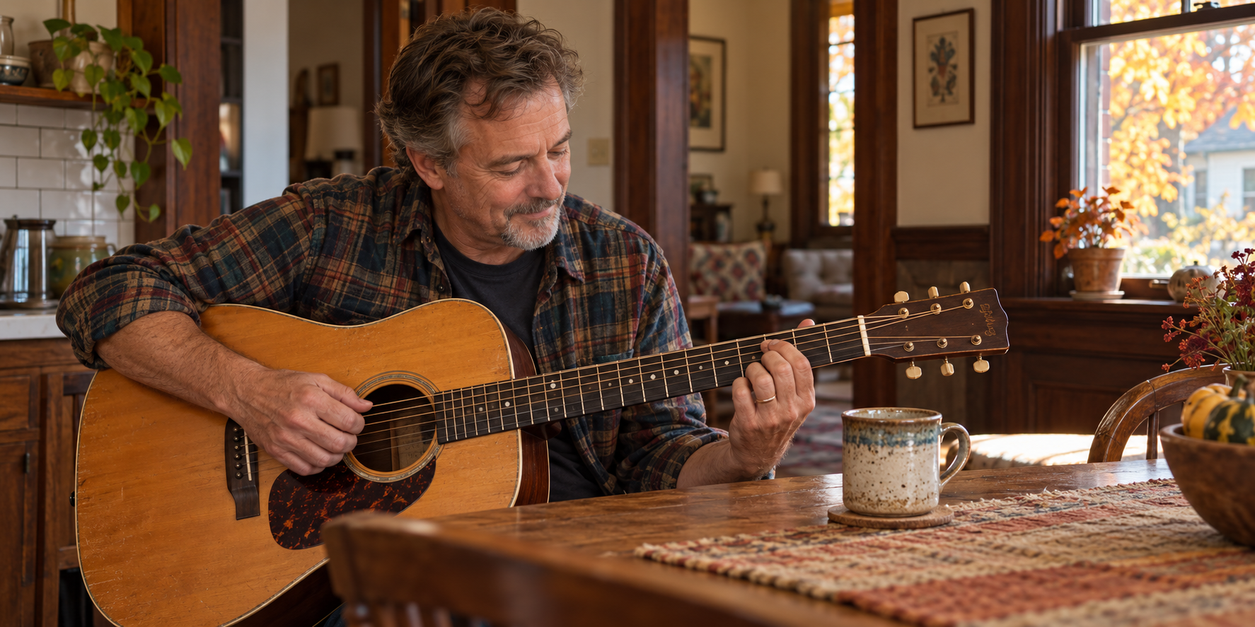 A man practicing acoustic guitar at a kitchen table in warm afternoon light.