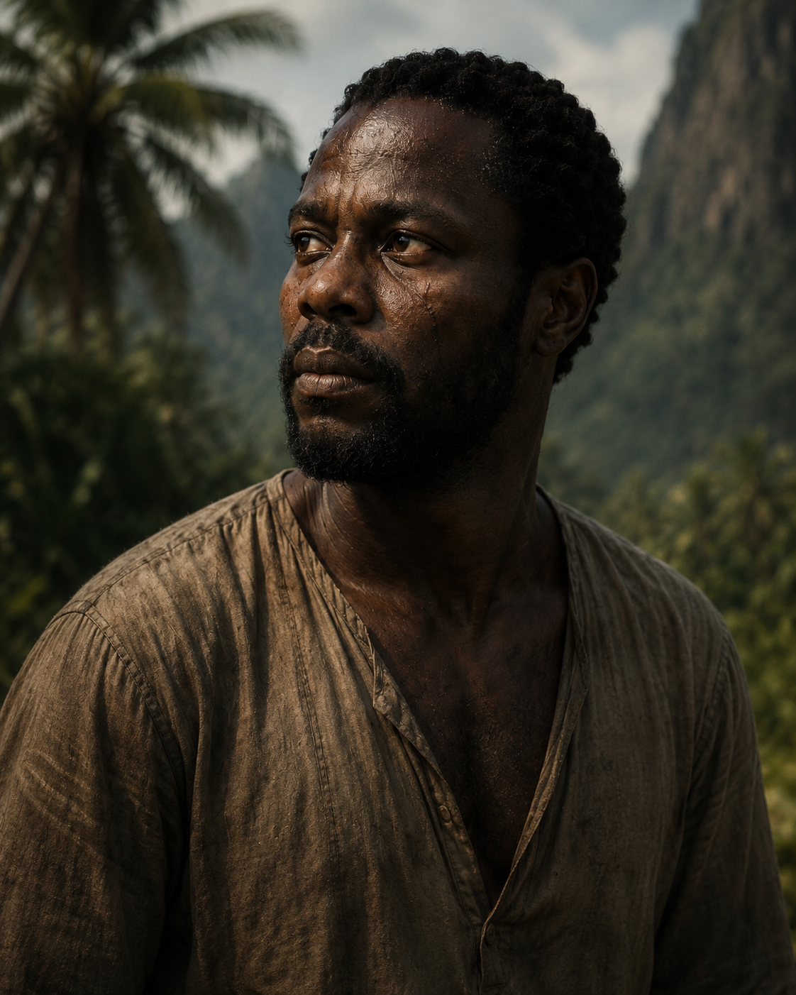 Mr. Eko from Lost standing in a lush tropical jungle, looking thoughtfully into the distance with misty mountains behind him.