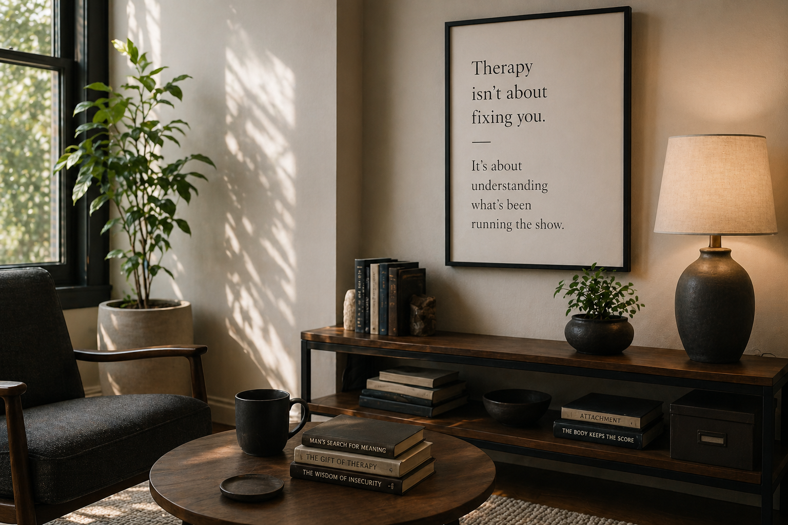 A cozy living room corner with a gray armchair, a wooden coffee table with books and a black mug, a wooden console table with potted plants, a lamp, and a framed quote on the wall that reads 'Therapy isn’t about fixing you. It’s about understanding what’s been running the show.'