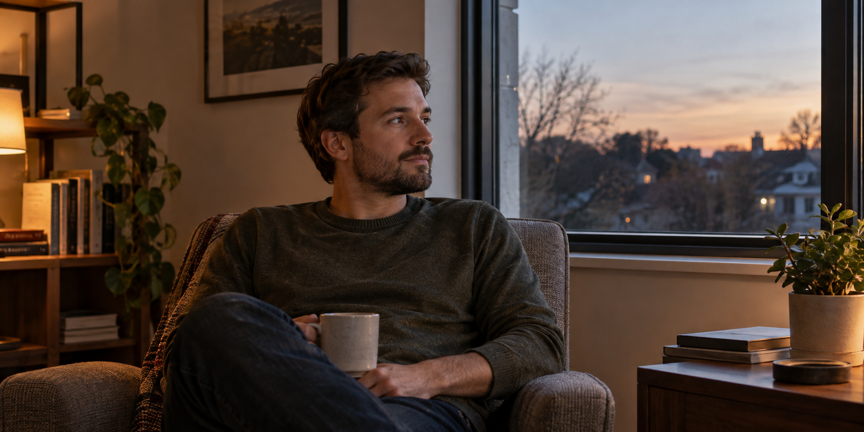 A man sitting on a sofa indoors, holding a mug, looking out the window at sunset.