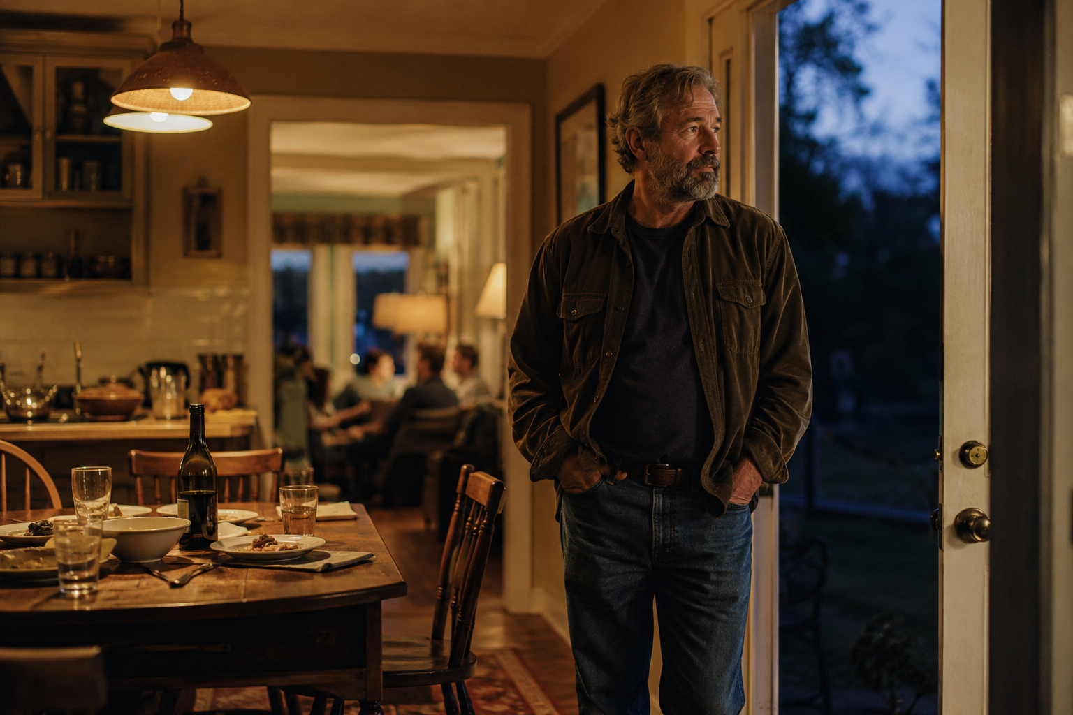 A reflective middle-aged man stands by an open door after a family dinner while relatives talk in the softly blurred background.