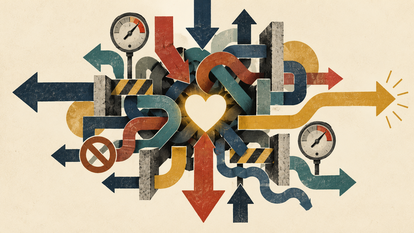 Abstract arrows, barriers, and pressure gauges surround an open heart, representing conflicting expectations about men and emotional health.