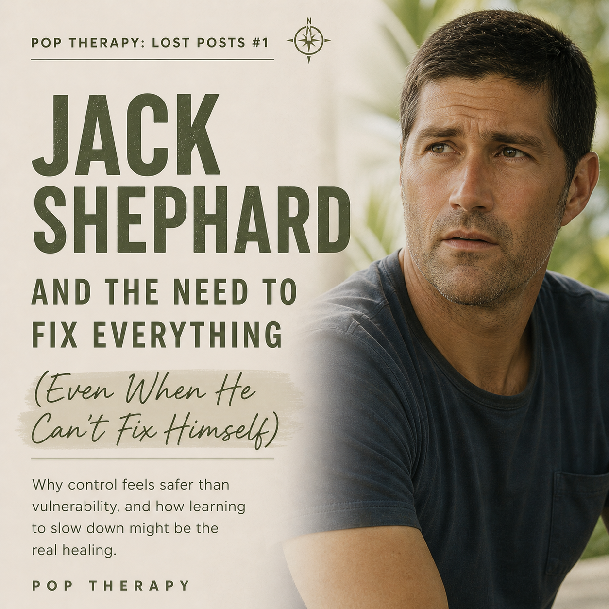 A solitary man stands on a quiet shoreline at dusk, shoulders tight, staring out at the horizon as if trying to solve something just out of reach. Inspired by Jack Shephard from Lost.