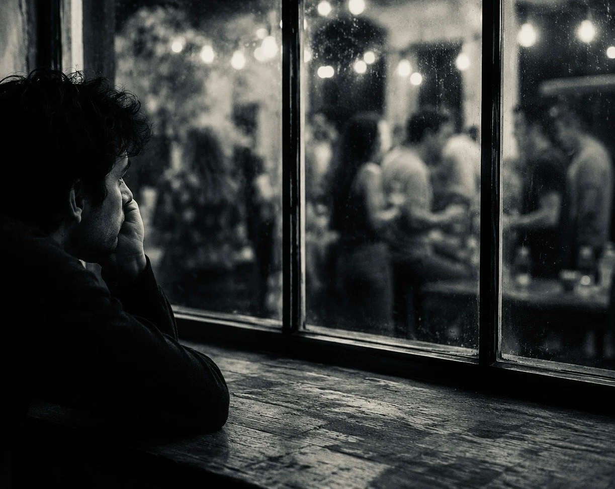 Reflective man looking through a window at a gathering outside, representing jealousy, insecurity, and the fear of not belonging.