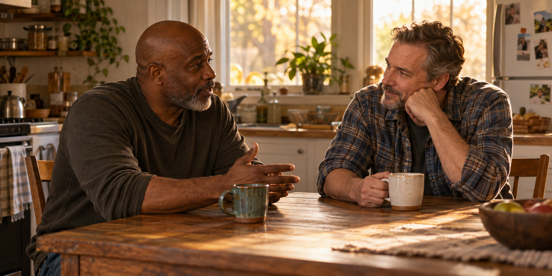 Two adult men sit across a kitchen table with mugs, one listening as the other speaks.