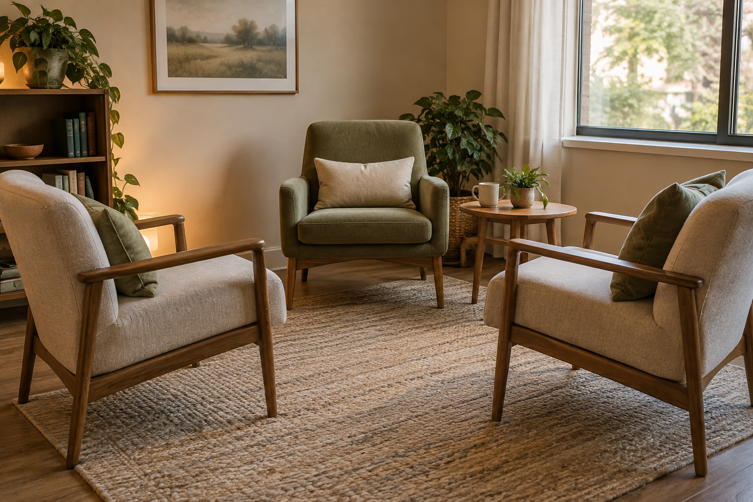 Three empty chairs arranged evenly in a calm couples therapy room, representing a balanced therapeutic alliance where both partners are heard.