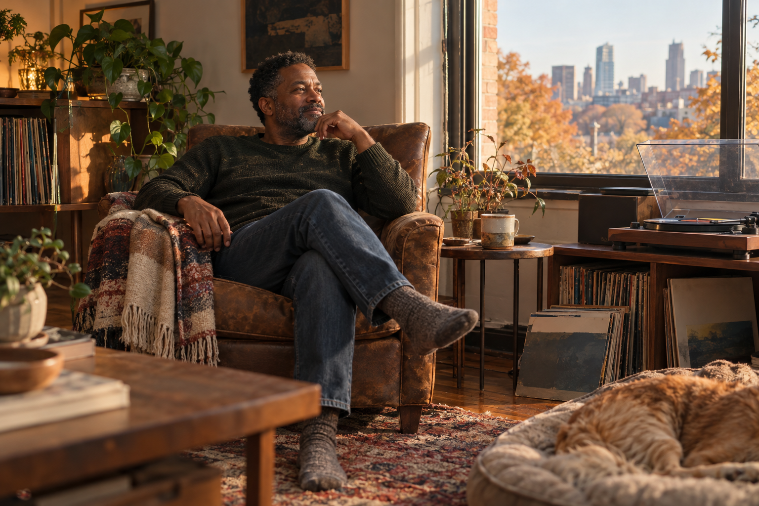 A Black man relaxes in a worn armchair beside a window, with a record player, vinyl records, and a ceramic mug nearby, bathed in warm autumn light.