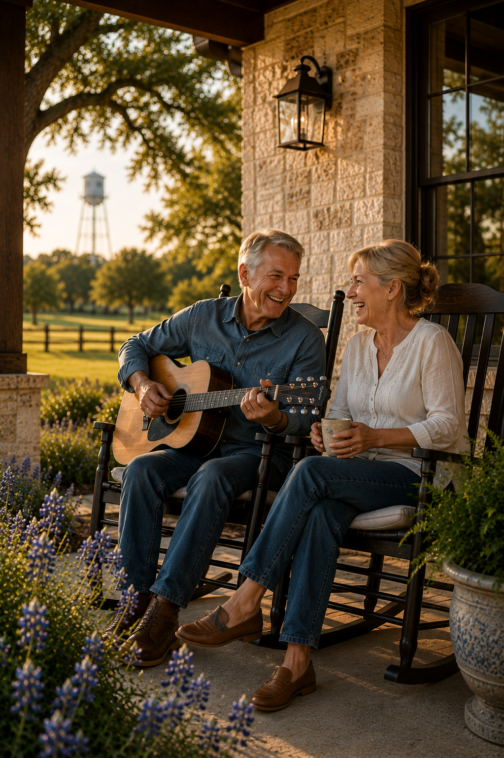 Older couple enjoying time together on the porch of their Texas home.