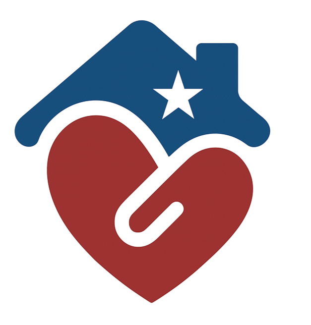 A red heart with a white injection syringe icon overlaid, topped with a blue house icon featuring a star in the center.
