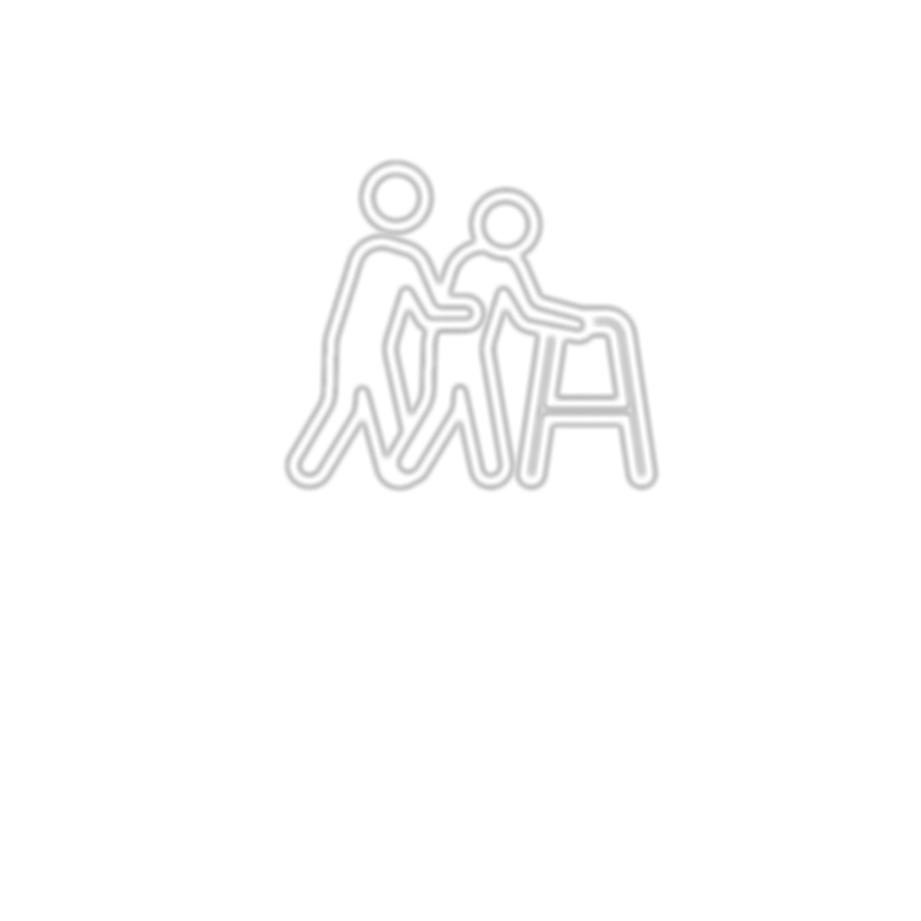 Simple white outline of an elderly person with a walker being assisted by a caregiver on a black background.