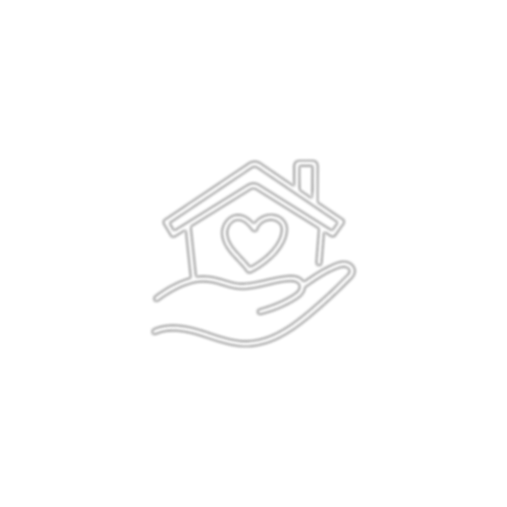 Neon outline of a hand holding a house with a heart inside on a black background.