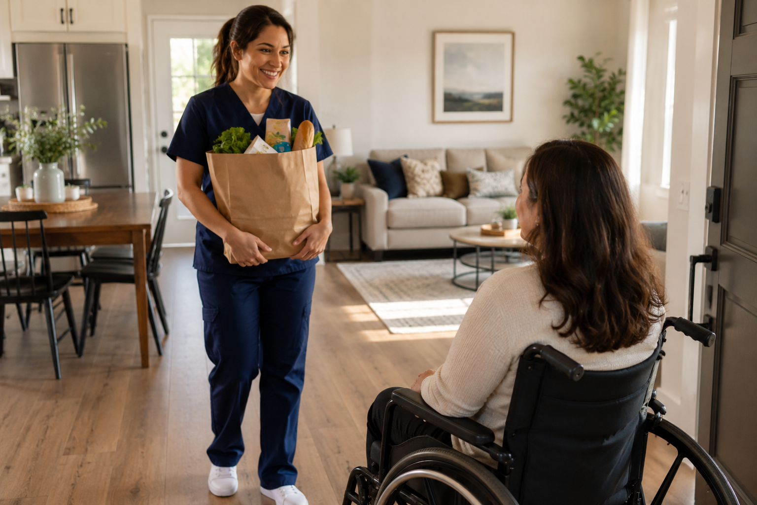 A woman in medical scrubs holds a paper grocery bag full of groceries, smiling at a woman in a wheelchair inside a living room.