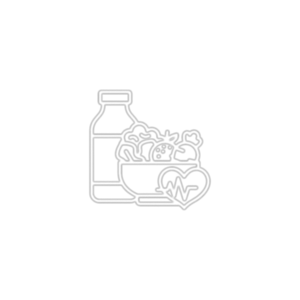 Outline of a bottle, a bowl of salad, and a heart with a heartbeat line, all in white on a black background.