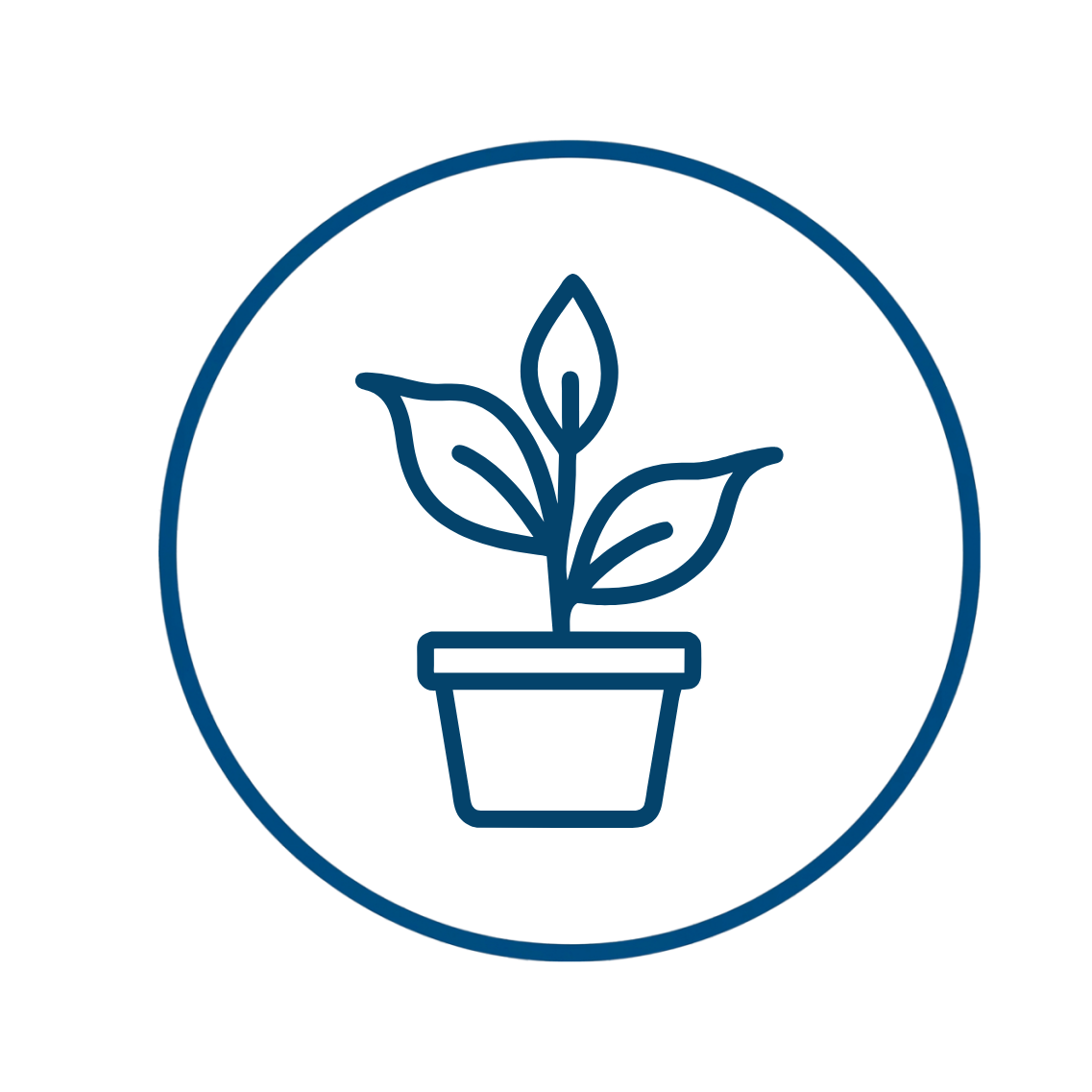 Line drawing of a potted plant with three leaves inside a circle.