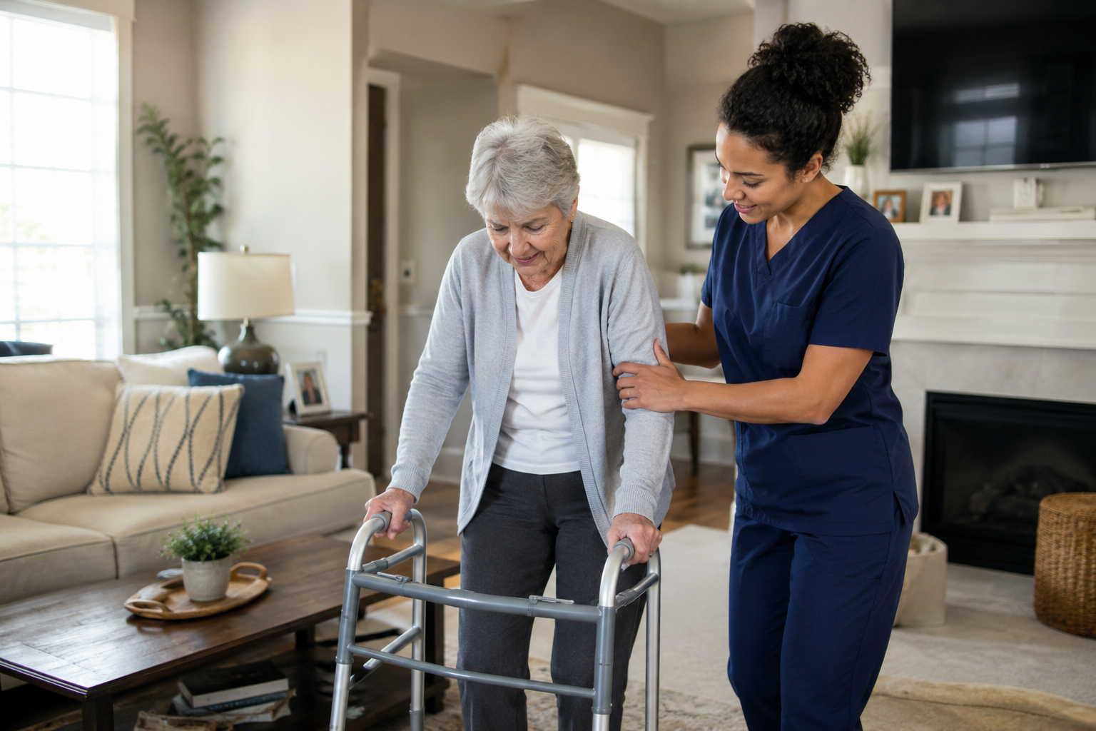 Caregiver assisting an older adult using a walker at home during recovery.
