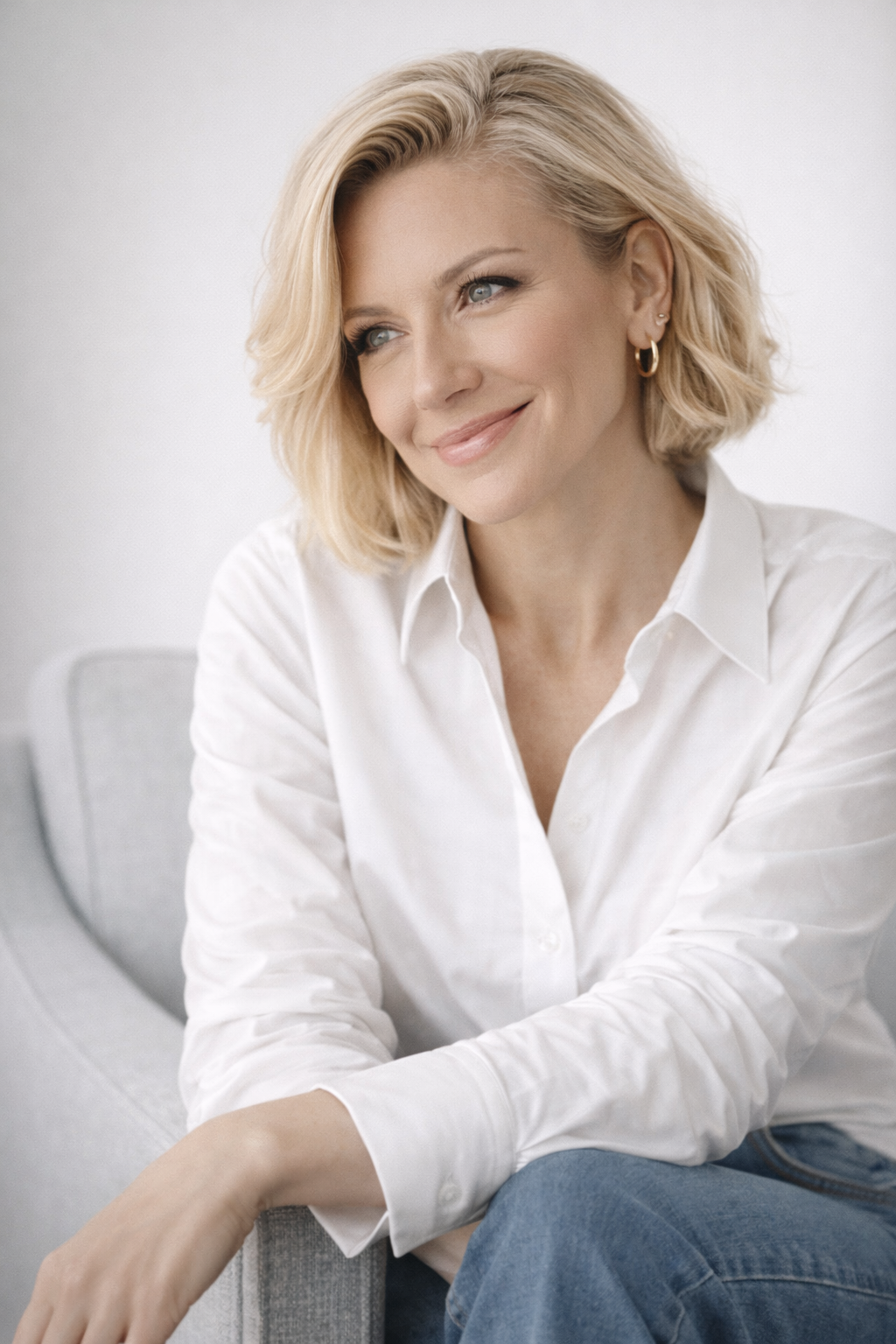A woman with short blonde hair, wearing a white shirt, sitting on a light-colored armchair, smiling and looking to the side.