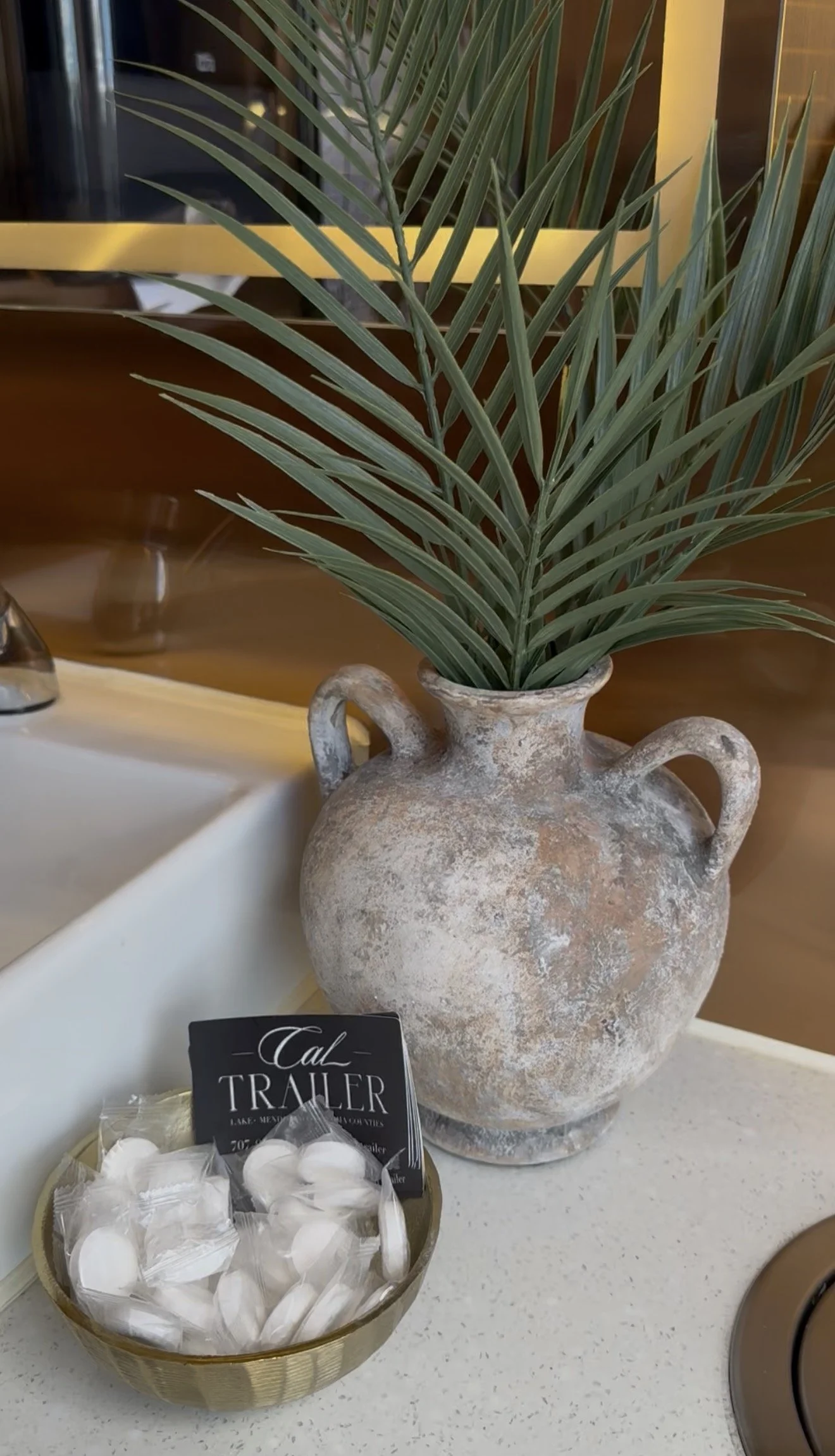 A decorative terracotta vase with a green palm plant, placed on a white countertop near a sink. A small basket with disposable cotton pads and a black sign reading 'Cal Trailed' are also visible.