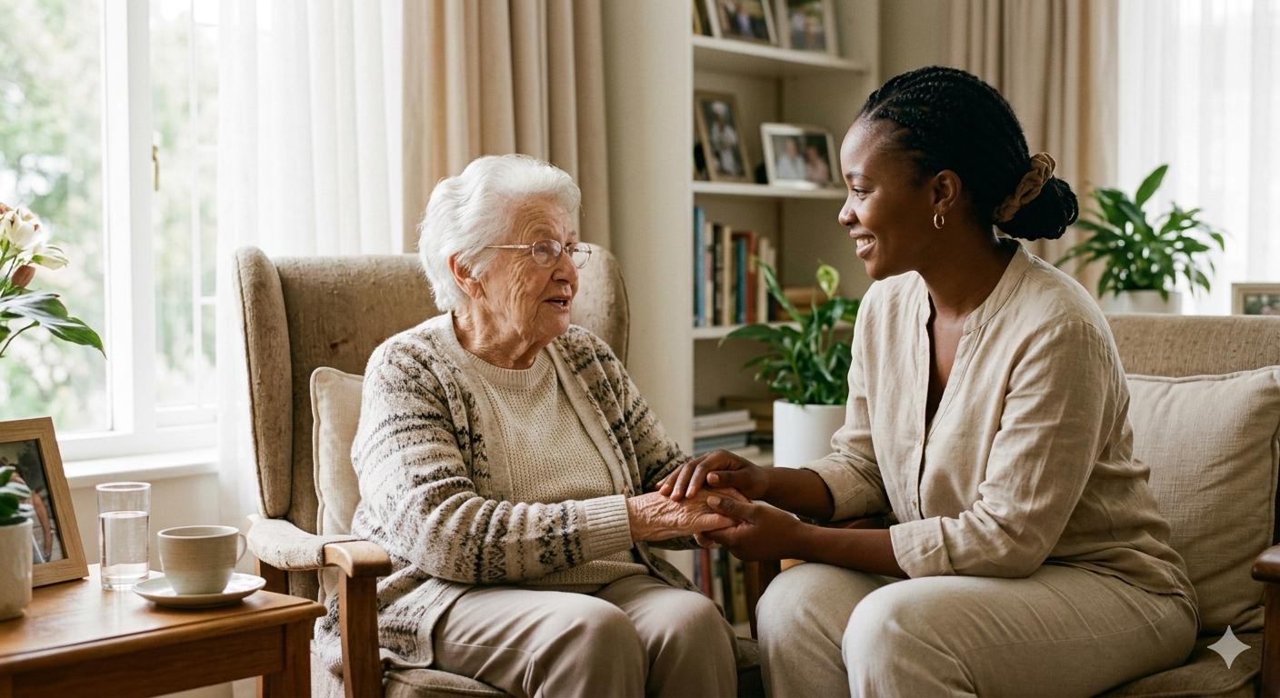 A young woman and an elderly woman sit on a sofa in a cozy living room, holding hands and smiling at each other.