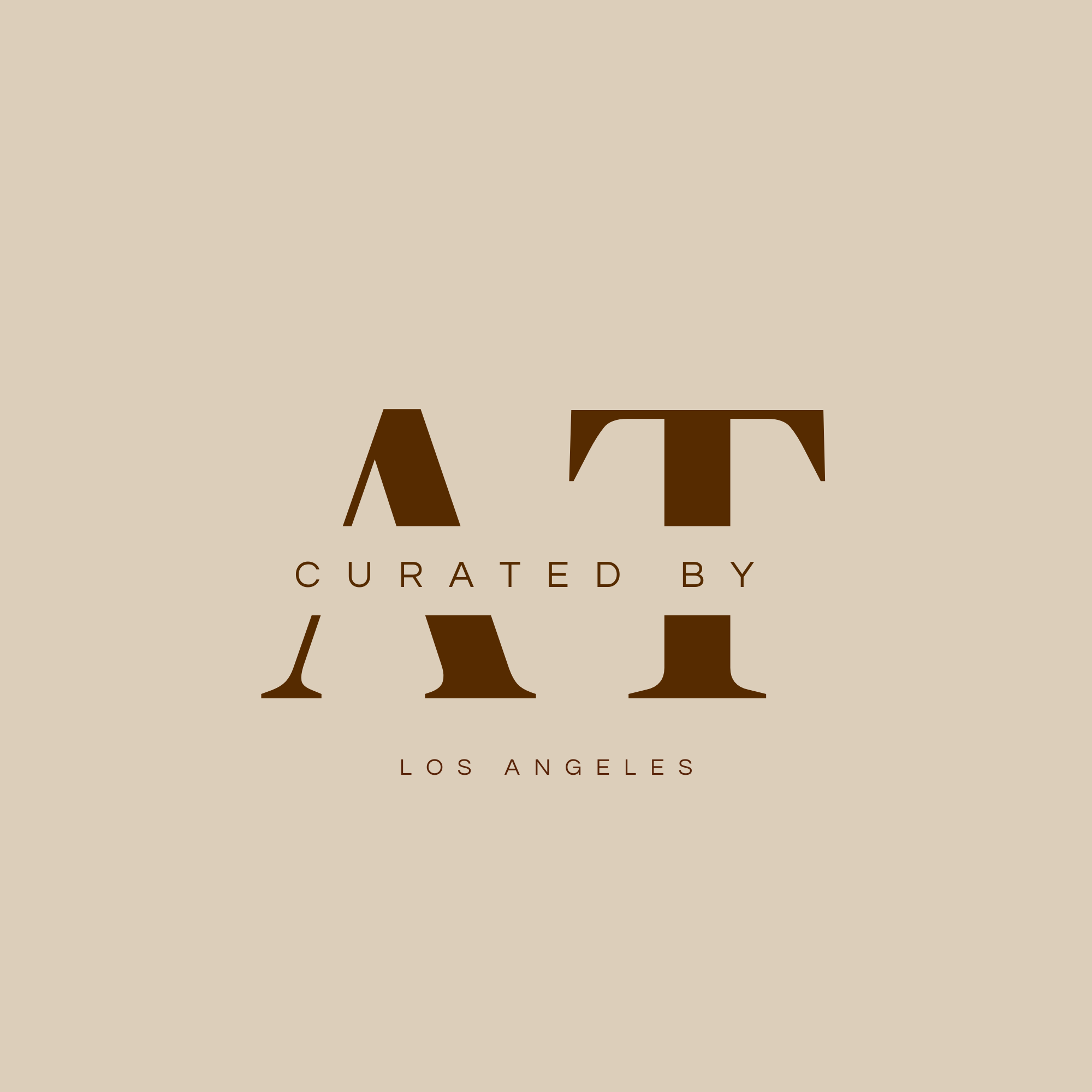Logo with large brown text 'AT' and smaller text 'Curated by Los Angeles' underneath, set against a beige background.