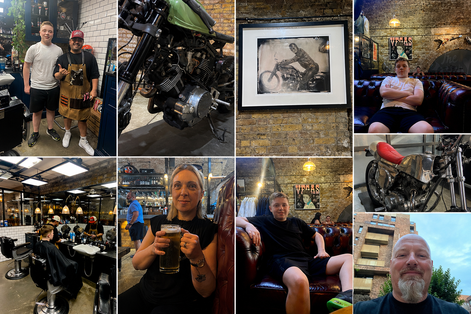 Collage of people at a barbershop and a motorcycle-themed venue, with Harley-Davidson motorcycles, framed black-and-white motorcycle photo, and wall art in the background, and patrons sitting on leather couches, one woman holding a beer, others relaxed.