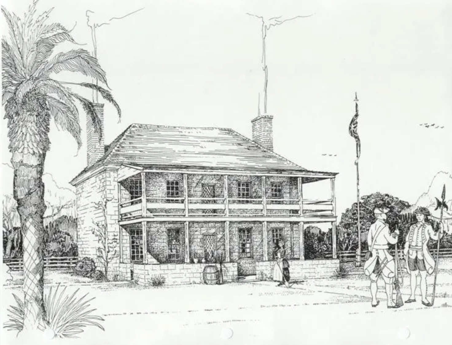 Sketch of a historic house with a porch, surrounded by trees, and three people dressed in colonial clothing, two of whom are holding flags.