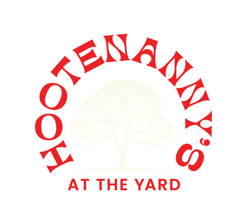 Hootenanny's BBQ logo with a white tree in the center, surrounded by red text reading 'Hootenanny's' arched above and 'At The Yard' below, on a black background.