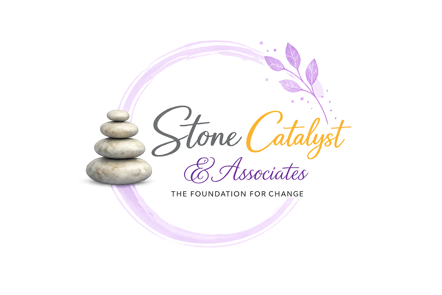 A logo for Stone Catalyst & Associates featuring a stack of four white stones on the left, purple leaves on the top right, and cursive text that reads 'Stone Catalyst & Associates, The Foundation for Change' with a background of soft purple and gold.