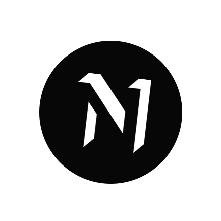 Black background with a white stylised letter 'N' inside a dark circle.