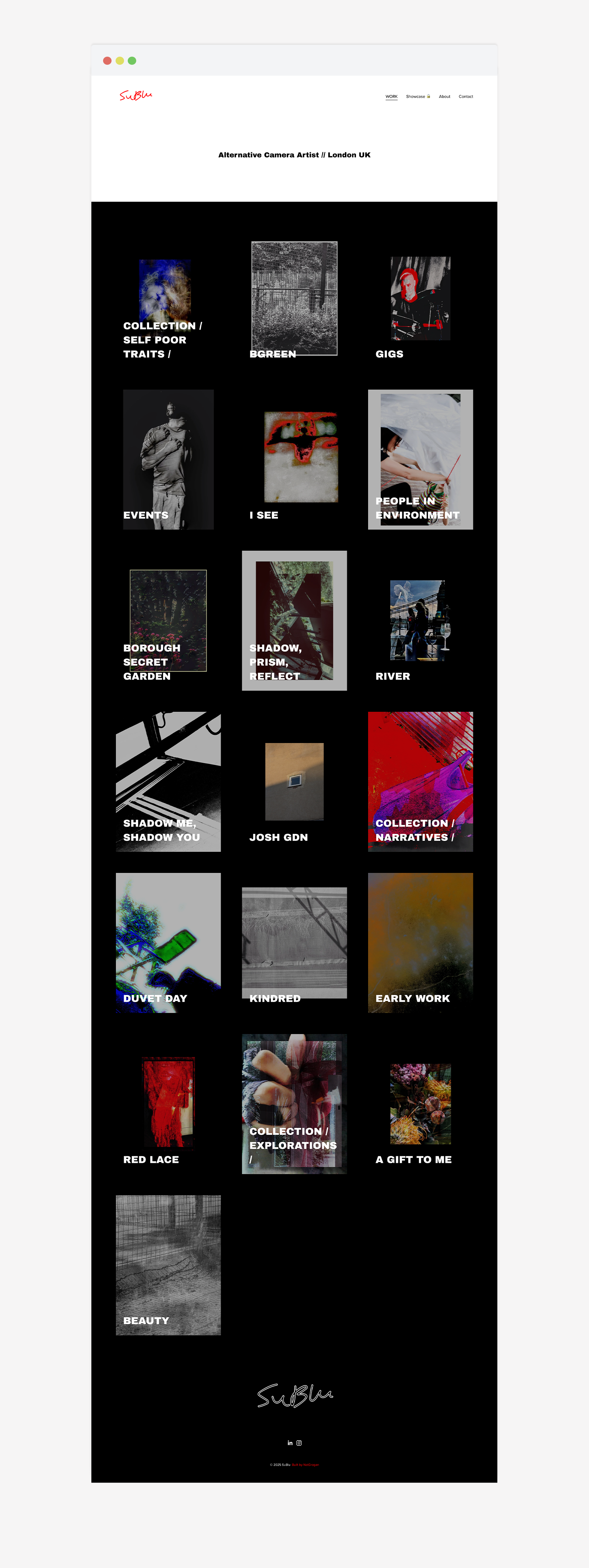 Screenshot of an artist's website homepage featuring a black background and various artwork thumbnails with titles, and a white header with red logo text 'SuBlu'.